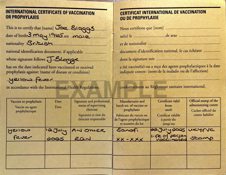 Example completed ICVP for yellow fever vaccination